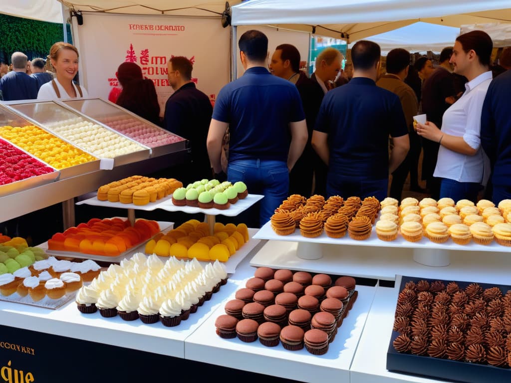  An 8k ultradetailed image of a diverse group of people of various ages and ethnicities smiling and enjoying a vibrant outdoor festival dedicated to glutenfree desserts. Colorful stalls line the bustling street, showcasing an array of decadent treats like macarons, cupcakes, and fruit tarts. The sun is shining, casting a warm glow over the scene, and a banner above reads "Festival de Postres Sin Gluten" in elegant calligraphy. People are seen chatting, laughing, and savoring the delicious glutenfree sweets, creating a joyful and inclusive atmosphere. hyperrealistic, full body, detailed clothing, highly detailed, cinematic lighting, stunningly beautiful, intricate, sharp focus, f/1. 8, 85mm, (centered image composition), (professionally color graded), ((bright soft diffused light)), volumetric fog, trending on instagram, trending on tumblr, HDR 4K, 8K