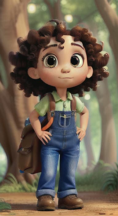  {The tree with a twinkling eye, while its leaves gently rustle., Riley, a curious with big brown eyes and curly hair, wearing overalls and carrying a small backpack. Their friend, Skye, a bluebird with shiny feathers.