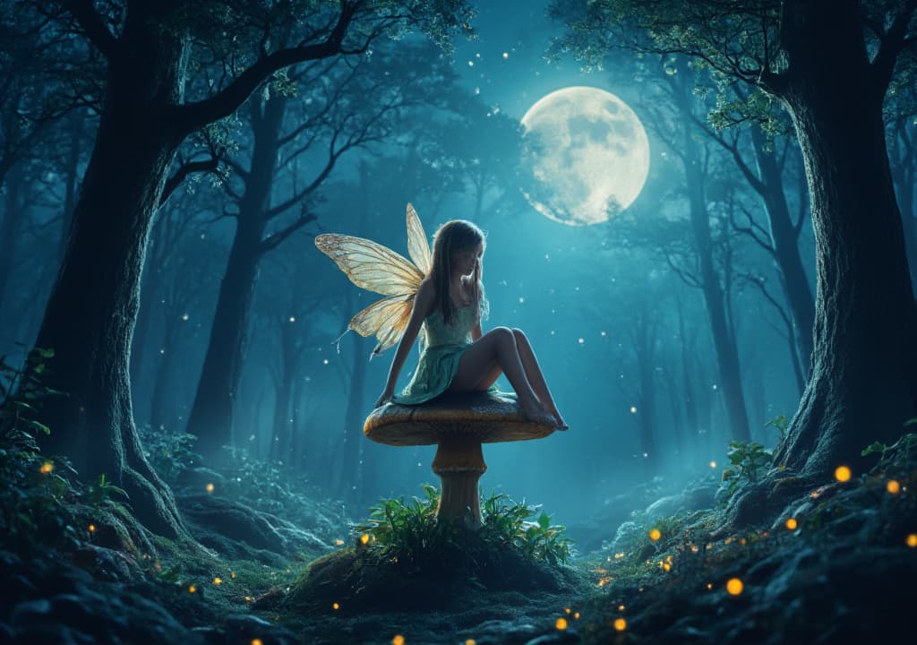  good quality, high quality, a magical forest scene with a fairy sitting on a mushroom, surrounded by glowing fireflies and mist, under a starry sky with a full moon