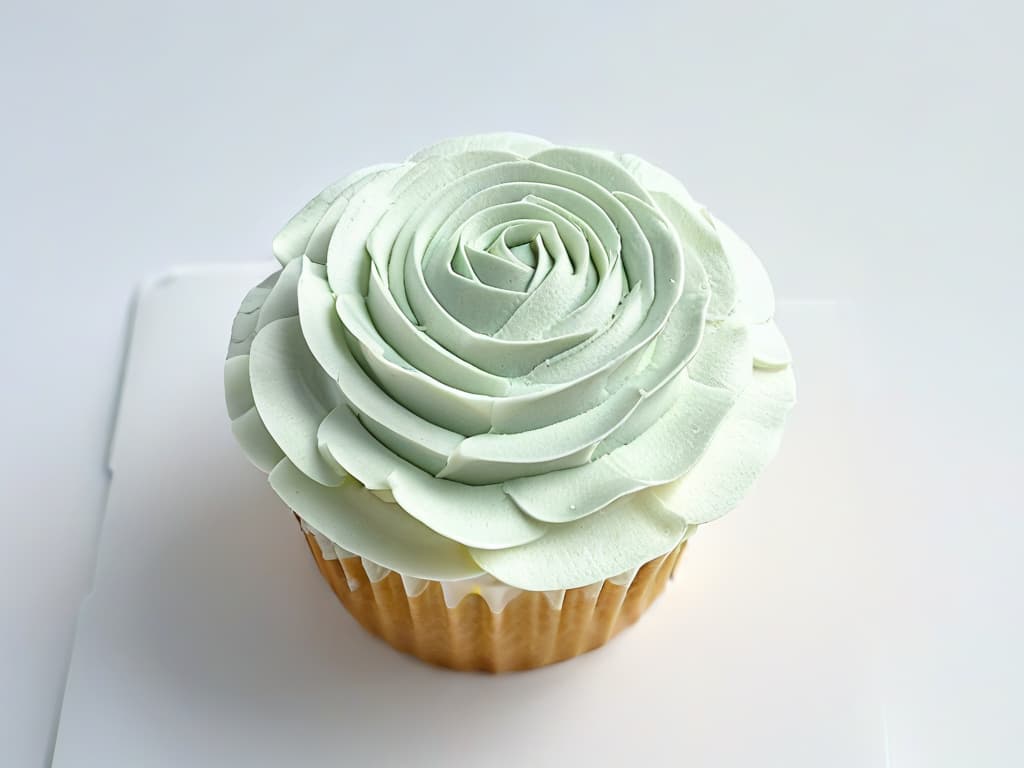  A closeup, ultradetailed image of a perfectly frosted cupcake topped with a single delicate sugar rose, set against a clean, white backdrop. The frosting is swirled smoothly, with intricate ridges visible, and the sugar rose is expertly crafted with thin, delicate petals. Light reflects off the glossy frosting, emphasizing the precision and artistry of the dessert. The overall aesthetic is elegant, sophisticated, and inviting, appealing to the aspiring baker's desire for perfection in their creations. hyperrealistic, full body, detailed clothing, highly detailed, cinematic lighting, stunningly beautiful, intricate, sharp focus, f/1. 8, 85mm, (centered image composition), (professionally color graded), ((bright soft diffused light)), volumetric fog, trending on instagram, trending on tumblr, HDR 4K, 8K