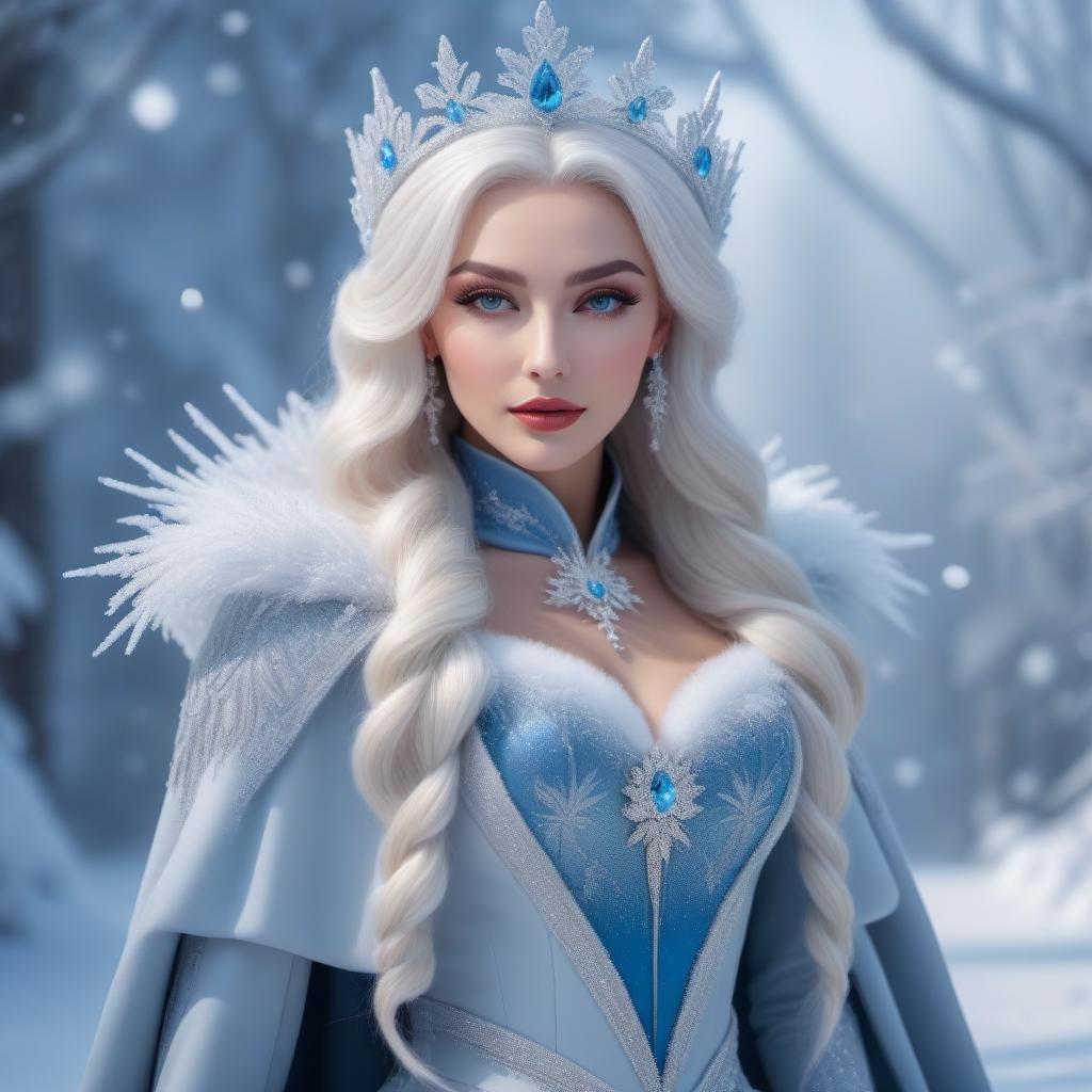  A beautiful girl in a suite of the Snow Queen.Realism hyperrealistic, full body, detailed clothing, highly detailed, cinematic lighting, stunningly beautiful, intricate, sharp focus, f/1. 8, 85mm, (centered image composition), (professionally color graded), ((bright soft diffused light)), volumetric fog, trending on instagram, trending on tumblr, HDR 4K, 8K