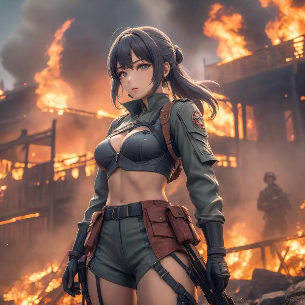  A candid girl soldier in anime style against a backdrop of fire. hyperrealistic, full body, detailed clothing, highly detailed, cinematic lighting, stunningly beautiful, intricate, sharp focus, f/1. 8, 85mm, (centered image composition), (professionally color graded), ((bright soft diffused light)), volumetric fog, trending on instagram, trending on tumblr, HDR 4K, 8K