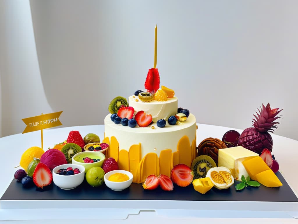  An 8k ultradetailed image of a beautifully styled dessert table featuring a variety of exotic pastries and cakes. Each dessert is intricately decorated with vibrant colors and unique toppings like edible flowers, gold leaf, and exotic fruits. The table is set against a simple, elegant backdrop to emphasize the intricate details and vibrant colors of the desserts, creating a visually stunning and appetizing scene that perfectly complements the theme of exotic flavor combinations in pastry making. hyperrealistic, full body, detailed clothing, highly detailed, cinematic lighting, stunningly beautiful, intricate, sharp focus, f/1. 8, 85mm, (centered image composition), (professionally color graded), ((bright soft diffused light)), volumetric fog, trending on instagram, trending on tumblr, HDR 4K, 8K