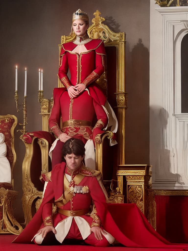  a royal meal minister kneel downly sitting, like knight, on a royal luxurious courtroom. minister wearing red royal luxurious dress. american human avatar required.
