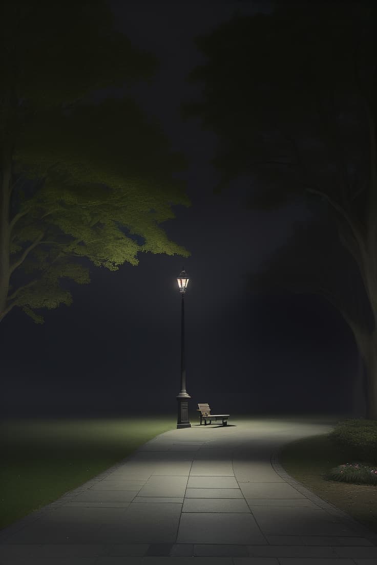  masterpiece, best quality, a serene and somewhat melancholic scene in a foggy park at night, with a person sitting alone on a wooden bench, facing away from the camera, looking towards the illuminated street lamps, enveloped in mist, with tall trees with sparse leaves in the background, and multiple street lamps casting a warm light onto the paved walkway and surrounding grass