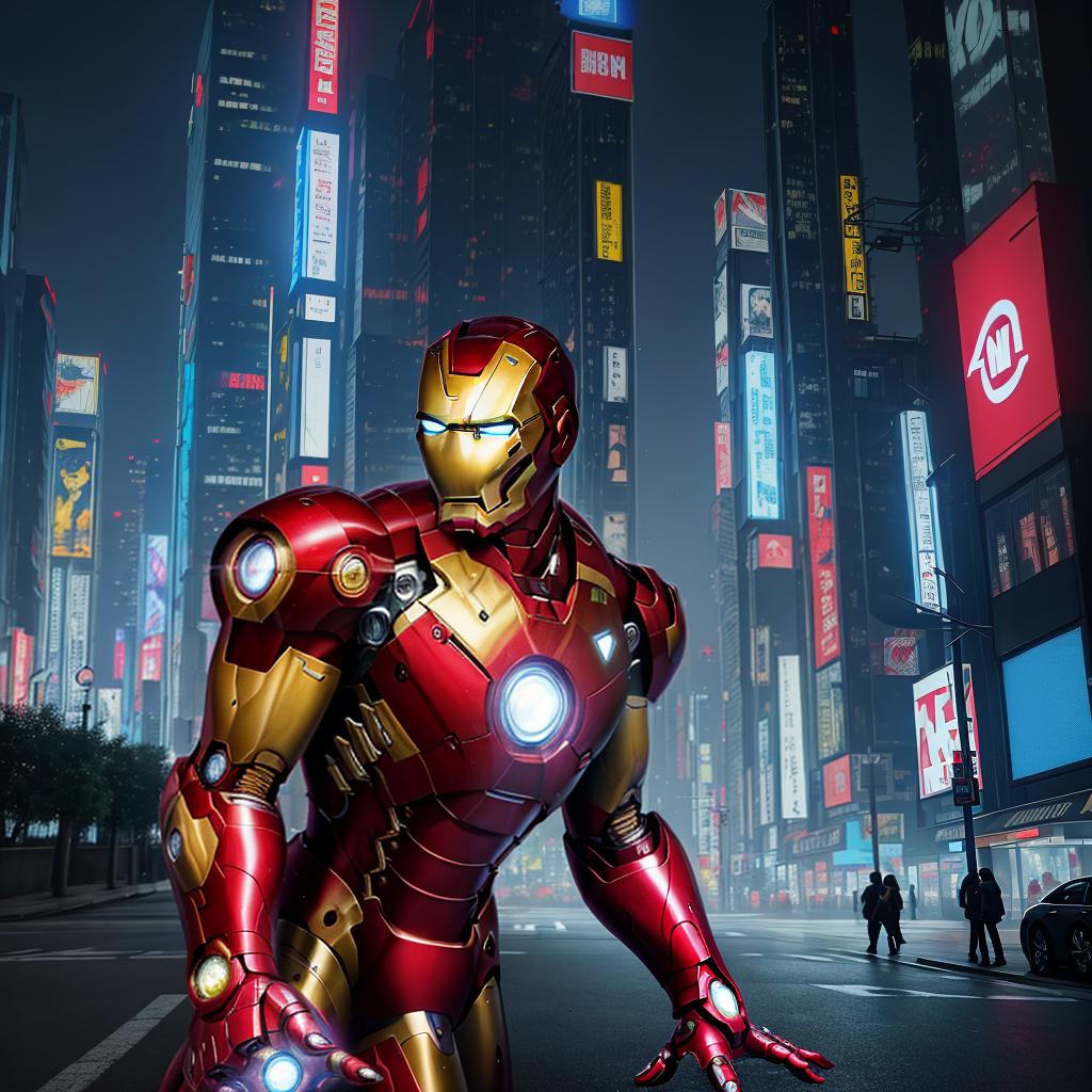  masterpiece, best quality, masterpiece, 8k resolution, realistic, highly detailed, Iron Man close-up. He stands on a street lined with tall buildings in a cyberpunk style city at night. The city's night lights are bright, and the surrounding buildings and streets are full of cyberpunk elements such as neon lights, high-tech equipment and futuristic architectural design.