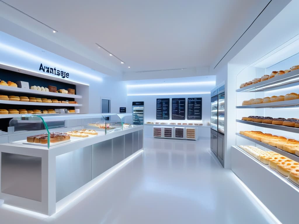  An ultradetailed image of a sleek, modern pastry shop interior featuring futuristic design elements like holographic displays showcasing innovative desserts, minimalist decor with clean lines, and a monochromatic color scheme of black, white, and chrome accents. The image includes a central display of avantgarde pastries resembling edible works of art, each meticulously crafted with precision and creativity, exuding an air of sophistication and cuttingedge culinary craftsmanship. The ambiance conveys a sense of luxury and forwardthinking innovation in the world of pastrymaking. hyperrealistic, full body, detailed clothing, highly detailed, cinematic lighting, stunningly beautiful, intricate, sharp focus, f/1. 8, 85mm, (centered image composition), (professionally color graded), ((bright soft diffused light)), volumetric fog, trending on instagram, trending on tumblr, HDR 4K, 8K