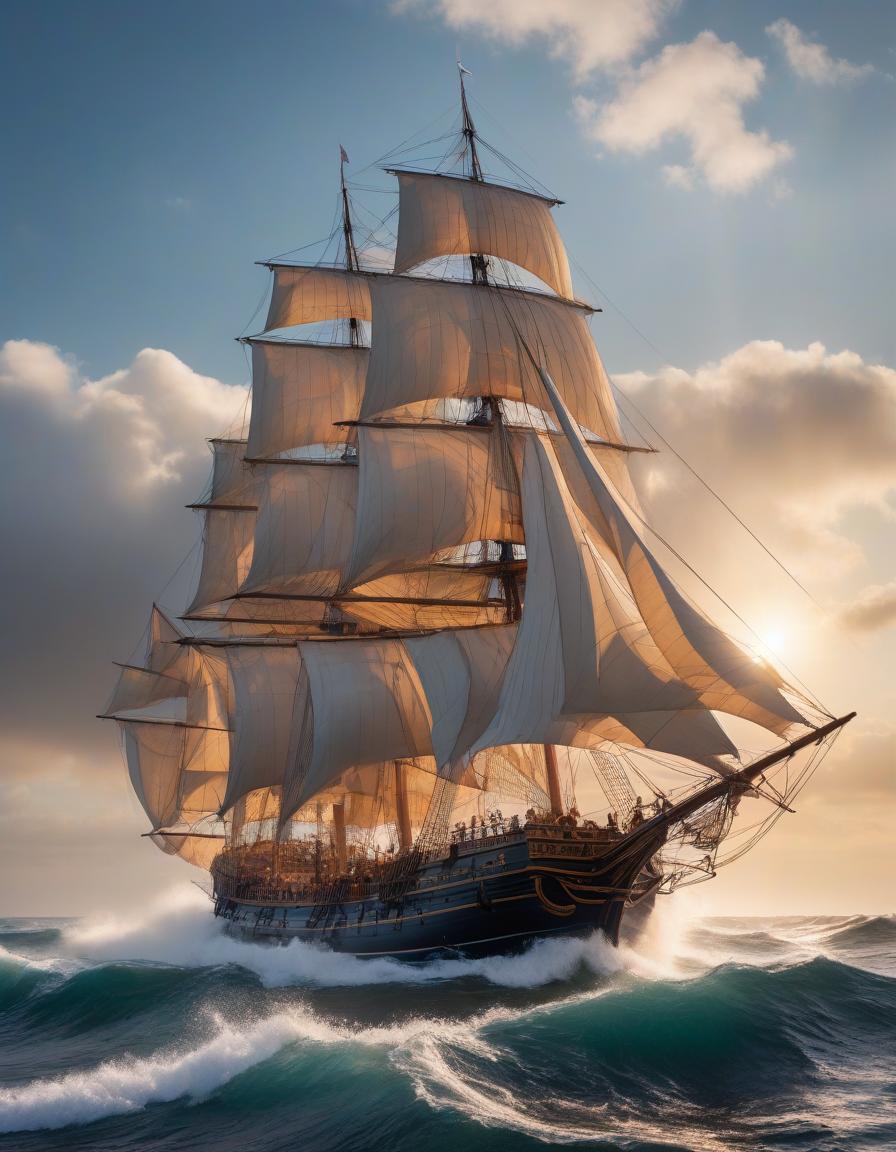  A beautiful ship with all its sails hoisted sails through the waves. The sails are red. A caravel. Waves with foam capped peaks. Gulls, sun, and sparkles play on the waves. hyperrealistic, full body, detailed clothing, highly detailed, cinematic lighting, stunningly beautiful, intricate, sharp focus, f/1. 8, 85mm, (centered image composition), (professionally color graded), ((bright soft diffused light)), volumetric fog, trending on instagram, trending on tumblr, HDR 4K, 8K