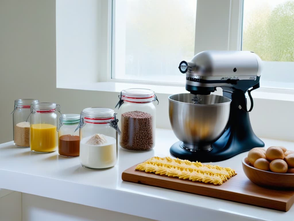  A minimalist image of a pristine, white kitchen counter with an assortment of glutenfree baking ingredients meticulously organized in clear glass jars. A sleek, modern stand mixer sits in the background, ready to whip up a delicious glutenfree treat. The natural light streaming in from a nearby window highlights the purity and precision of the glutenfree baking process, emphasizing the professional and inspiring nature of pursuing a certification in glutenfree pastry. hyperrealistic, full body, detailed clothing, highly detailed, cinematic lighting, stunningly beautiful, intricate, sharp focus, f/1. 8, 85mm, (centered image composition), (professionally color graded), ((bright soft diffused light)), volumetric fog, trending on instagram, trending on tumblr, HDR 4K, 8K