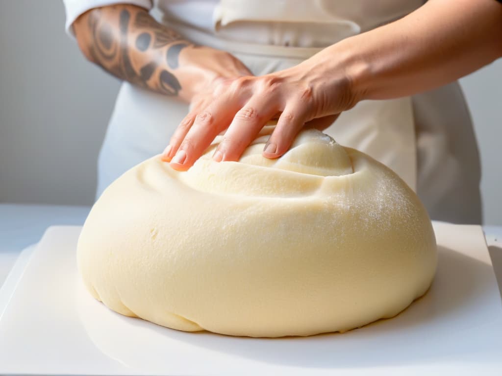  A closeup, ultradetailed image of perfectly kneaded dough being stretched by skilled hands, showcasing the gluten strands forming and the smooth, elastic texture that indicates proper development for baking. The hands are gently pulling the dough, creating a mesmerizing pattern of thin gluten threads, subtly reflecting the light to highlight the glossy surface, all against a clean, white backdrop that enhances the minimalistic aesthetic. hyperrealistic, full body, detailed clothing, highly detailed, cinematic lighting, stunningly beautiful, intricate, sharp focus, f/1. 8, 85mm, (centered image composition), (professionally color graded), ((bright soft diffused light)), volumetric fog, trending on instagram, trending on tumblr, HDR 4K, 8K