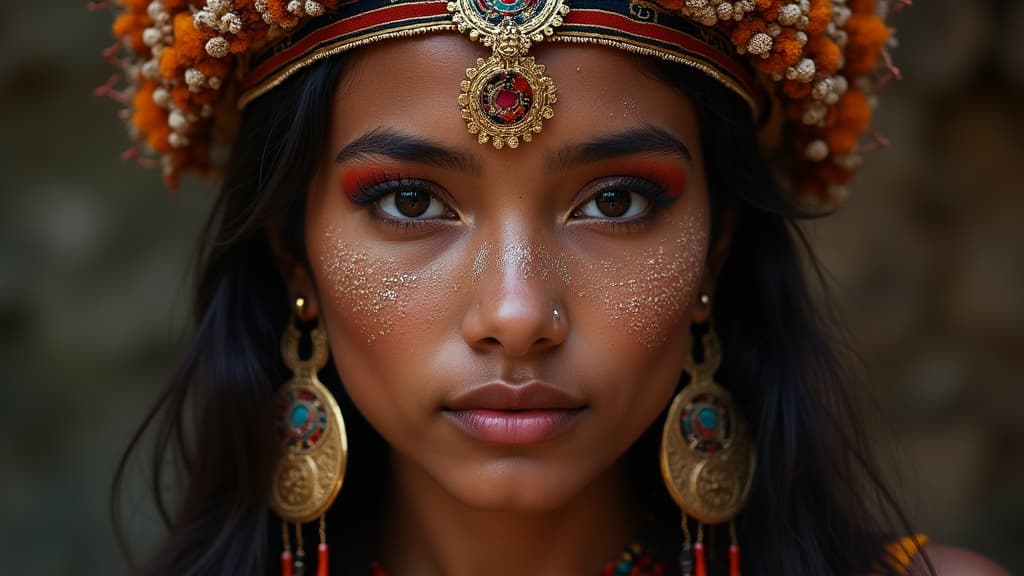  good quality, high quality, realistic of an indigenous face with traditional ornaments, indigenous, portrait, face, ornaments