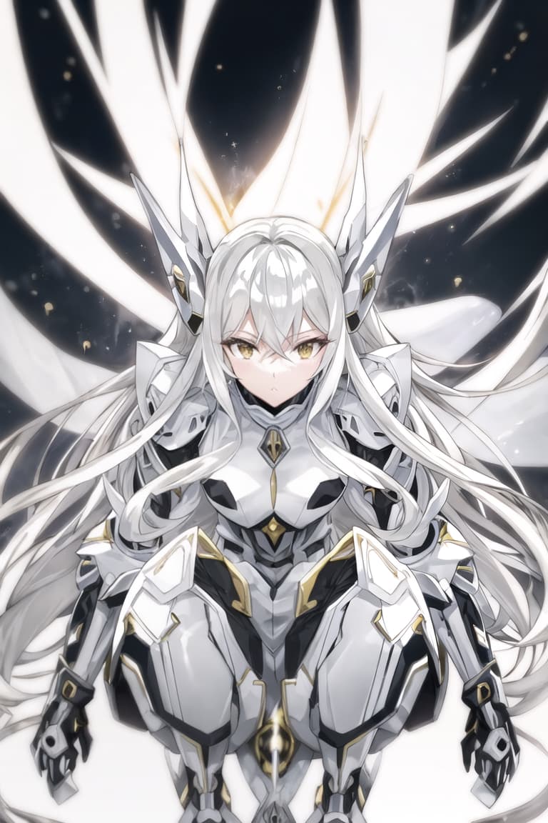  master piece , best quality,A black and white anime influenced drawing of a in a distinctive white suit squatting at the edge of a stark white building, Her golden hair gleams under a minimal light source, creating a halo around her, White gloves complement her outfit In her adding a burst of color to the otherwise monochrome setting, The artwork is characterized by detailed panels featuring expressive faces and dynamic action reminiscent of comic book art