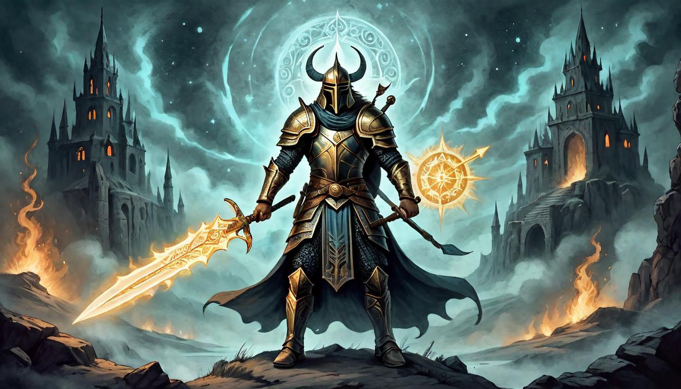  on parchment, surrealism+++, Mystical warrior standing tall, ethereal armor, glowing sigils, burning determination, dark energy clashing with radiant light, celestial battleground(mysterious, provocative, symbolic,muted color)+++