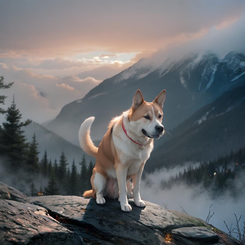  Dog hyperrealistic, full body, detailed clothing, highly detailed, cinematic lighting, stunningly beautiful, intricate, sharp focus, f/1. 8, 85mm, (centered image composition), (professionally color graded), ((bright soft diffused light)), volumetric fog, trending on instagram, trending on tumblr, HDR 4K, 8K