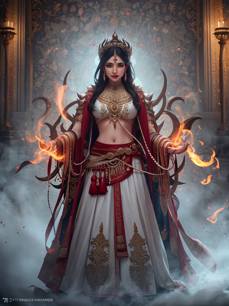  Evil Hindu Demon hyperrealistic, full body, detailed clothing, highly detailed, cinematic lighting, stunningly beautiful, intricate, sharp focus, f/1. 8, 85mm, (centered image composition), (professionally color graded), ((bright soft diffused light)), volumetric fog, trending on instagram, trending on tumblr, HDR 4K, 8K