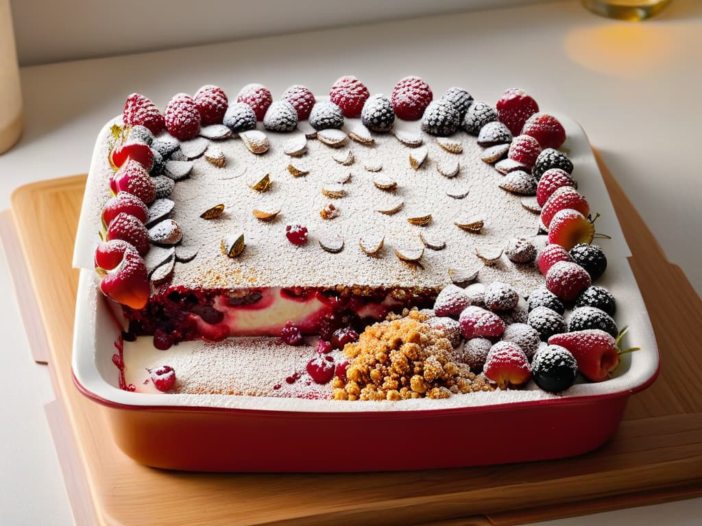  An ultradetailed, closeup image of a freshly baked crumble topped with a symmetrical arrangement of vibrant red berries and a light dusting of powdered sugar. The goldenbrown crumble topping glistens with caramelized edges, showcasing intricate textures and layers. The juicy berries appear plump and enticing, oozing with natural sweetness, while the fine sugar powder delicately rests on top, adding a touch of elegance to the composition. The lighting is soft, casting gentle shadows beneath the berries, creating a visual feast for the eyes that perfectly complements the ultimate recipe for a red berry crumble. hyperrealistic, full body, detailed clothing, highly detailed, cinematic lighting, stunningly beautiful, intricate, sharp focus, f/1. 8, 85mm, (centered image composition), (professionally color graded), ((bright soft diffused light)), volumetric fog, trending on instagram, trending on tumblr, HDR 4K, 8K