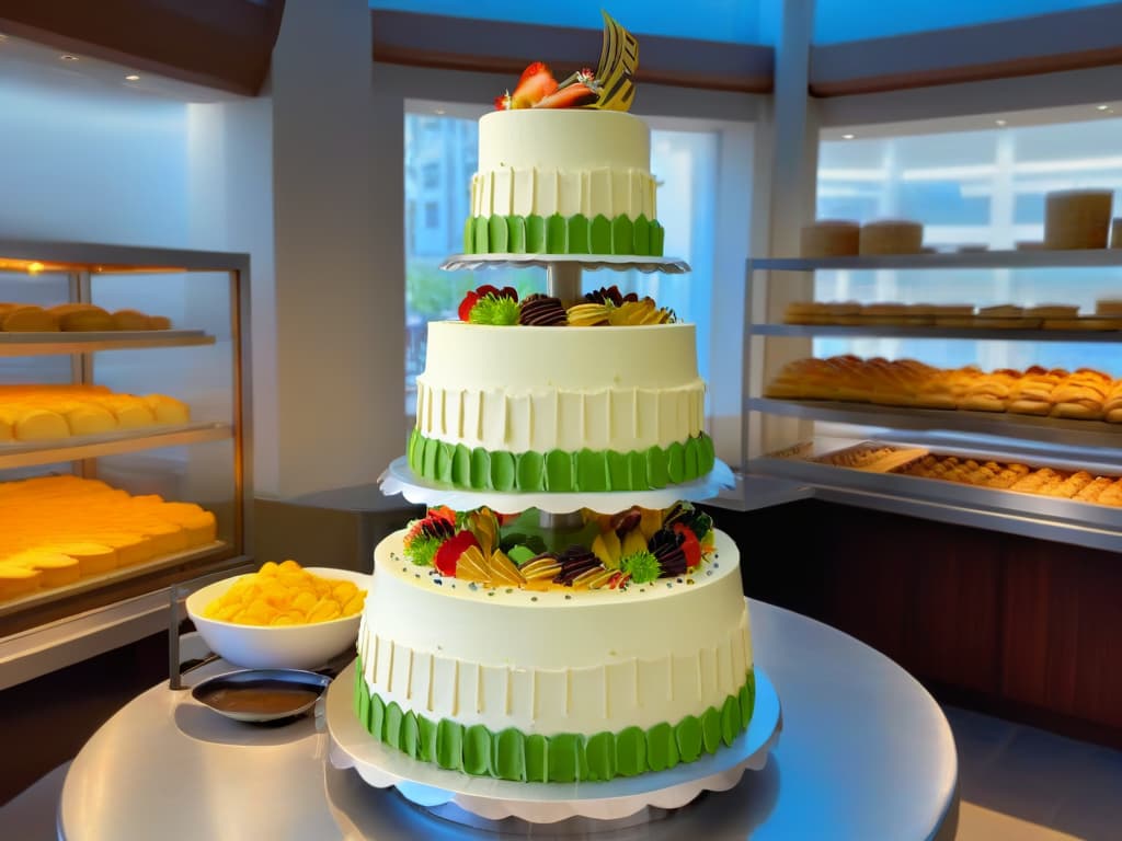  A photorealistic image of a skilled pastry chef meticulously crafting an elaborate and intricate tiered cake in a cozy, sunlit bakery. The chef, wearing a crisp white apron, is focused and precise as they delicately pipe intricate designs onto the cake, surrounded by shelves filled with colorful jars of assorted sprinkles and toppings. The warm, inviting atmosphere of the bakery is enhanced by the soft glow of sunlight streaming through a nearby window, casting a gentle light on the chef's hands as they work with expert precision and artistry. hyperrealistic, full body, detailed clothing, highly detailed, cinematic lighting, stunningly beautiful, intricate, sharp focus, f/1. 8, 85mm, (centered image composition), (professionally color graded), ((bright soft diffused light)), volumetric fog, trending on instagram, trending on tumblr, HDR 4K, 8K