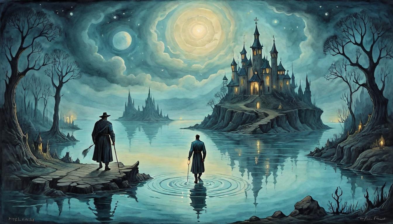  on parchment, surrealism+++, Peter walking on water, strong belief, calm waters around his feet, a glowing pathway, divine glow, night time(mysterious, provocative, symbolic,muted color)+++