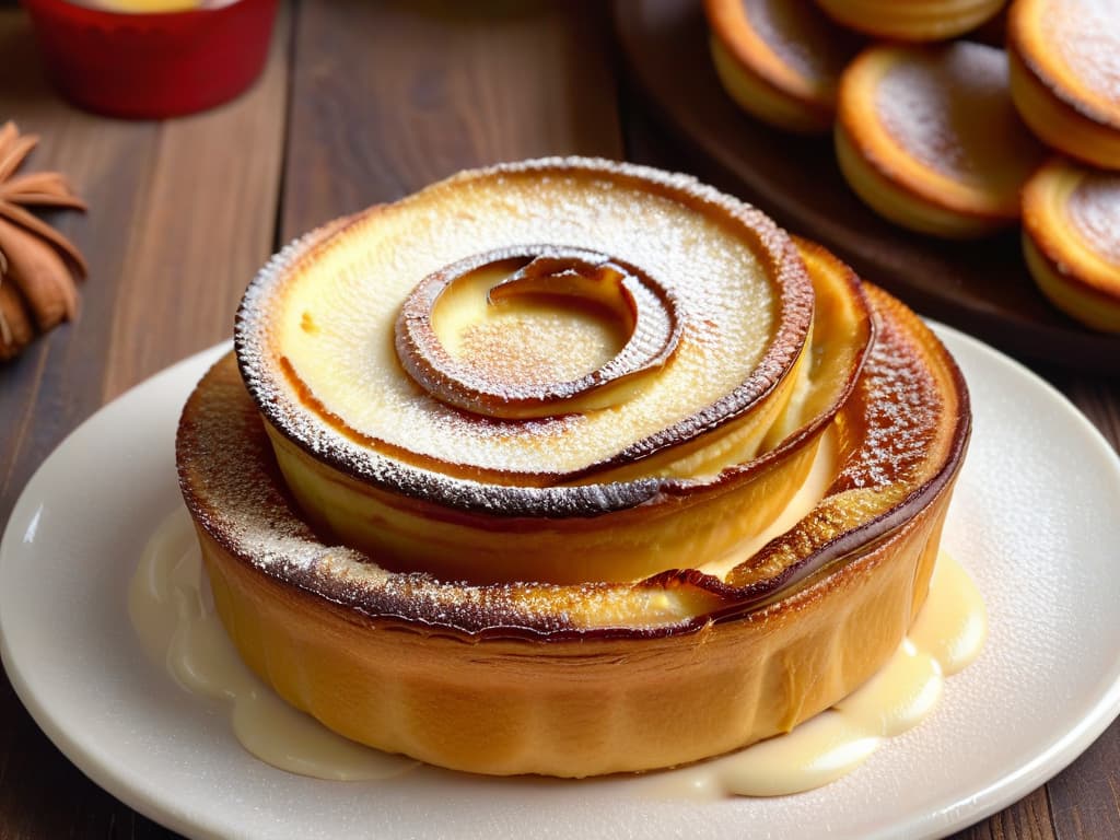  A closeup, ultradetailed image of a goldenbrown Pasteis de Nata fresh out of the oven, sitting on a rustic ceramic plate sprinkled with a light dusting of cinnamon. The flaky layers of pastry glisten with a hint of caramelization, while the creamy custard filling peeks out delicately from the slightly blistered surface. The background showcases a glimpse of a traditional Portuguese kitchen with muted earth tones and the soft glow of natural light filtering through a small window, creating a warm and inviting ambiance. hyperrealistic, full body, detailed clothing, highly detailed, cinematic lighting, stunningly beautiful, intricate, sharp focus, f/1. 8, 85mm, (centered image composition), (professionally color graded), ((bright soft diffused light)), volumetric fog, trending on instagram, trending on tumblr, HDR 4K, 8K