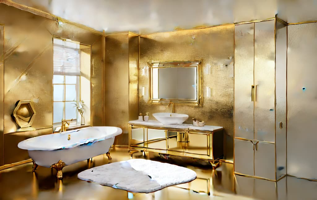  Luxurious bathroom interior with a golden freestanding bathtub on a black floor, white fluffy rug, wooden cabinets, and a large elegant mirror, with a scenic view from the window, natural light, detailed, realistic, ar 16:10, best quality, high resolution, sharp focus, in frame, (perfect image composition), ((masterpiece)), (professionally color graded), ((bright soft diffused light)), <lora:more details:0>, epiCRealism, <lyco:Mangled Merge Lyco:0>