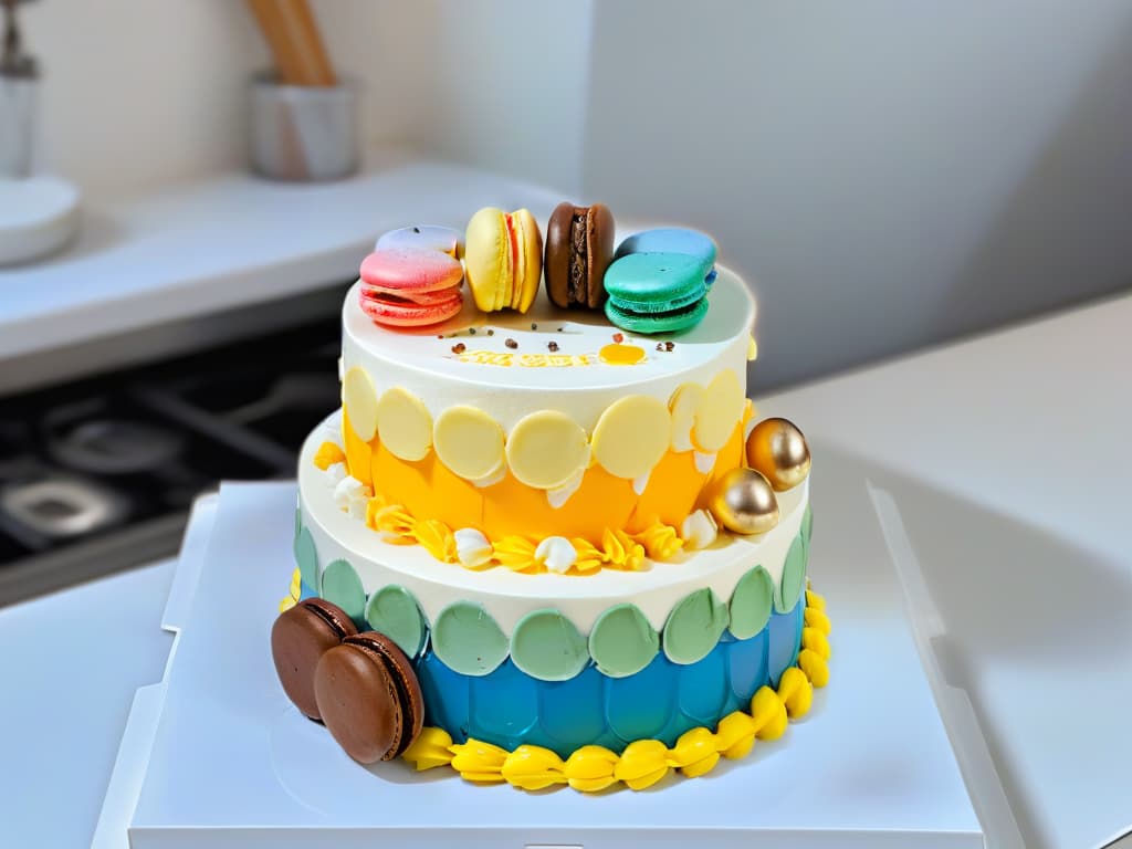  A photorealistic image of a serene kitchen flooded with natural light, showcasing a marble countertop filled with an array of colorful macarons, delicate pastries, and intricate cake decorations. In the background, a professional pastry chef in a crisp white uniform is meticulously piping frosting onto a multitiered cake, exuding an air of focused creativity and expertise. The scene conveys a sense of tranquility and artistry, inviting viewers to immerse themselves in the world of pastry craftsmanship. hyperrealistic, full body, detailed clothing, highly detailed, cinematic lighting, stunningly beautiful, intricate, sharp focus, f/1. 8, 85mm, (centered image composition), (professionally color graded), ((bright soft diffused light)), volumetric fog, trending on instagram, trending on tumblr, HDR 4K, 8K