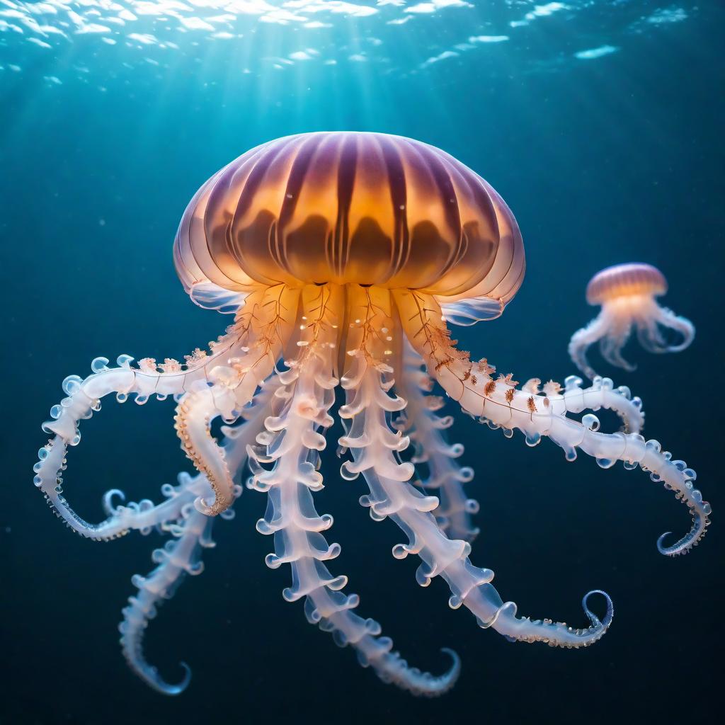  cinematic photo of a gorgon jellyfish with wings and paws with claws . 35mm photograph, film, bokeh, professional, 4k, highly detailed