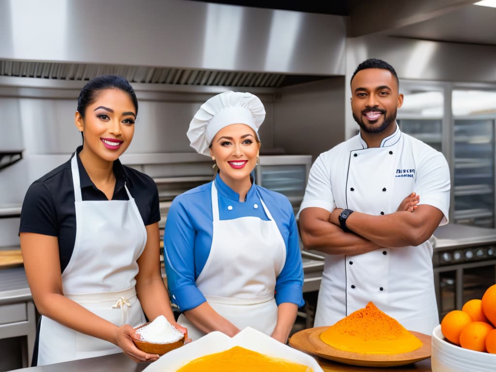  A closeup, highresolution image of a diverse group of bakers, passionately working together in a modern, welllit kitchen setting. Each member of the team is focused on a different aspect of baking, showcasing teamwork and collaboration. The image captures intricate details of colorful ingredients, various baking tools, and beautifully decorated pastries, highlighting the essence of group participation in baking contests. hyperrealistic, full body, detailed clothing, highly detailed, cinematic lighting, stunningly beautiful, intricate, sharp focus, f/1. 8, 85mm, (centered image composition), (professionally color graded), ((bright soft diffused light)), volumetric fog, trending on instagram, trending on tumblr, HDR 4K, 8K