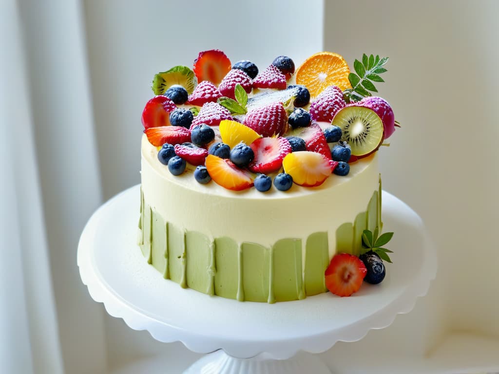  An ultradetailed closeup image of a delicate, intricately designed glutenfree cake decorated with vibrant fresh fruits and edible flowers, set against a clean, white minimalist backdrop. The cake's texture appears moist and fluffy, with the fruits glistening with freshness, and the flowers adding a pop of color and elegance to the overall composition. Each detail is captured with such clarity that the viewer can almost taste the sweet, glutenfree goodness emanating from the image. hyperrealistic, full body, detailed clothing, highly detailed, cinematic lighting, stunningly beautiful, intricate, sharp focus, f/1. 8, 85mm, (centered image composition), (professionally color graded), ((bright soft diffused light)), volumetric fog, trending on instagram, trending on tumblr, HDR 4K, 8K