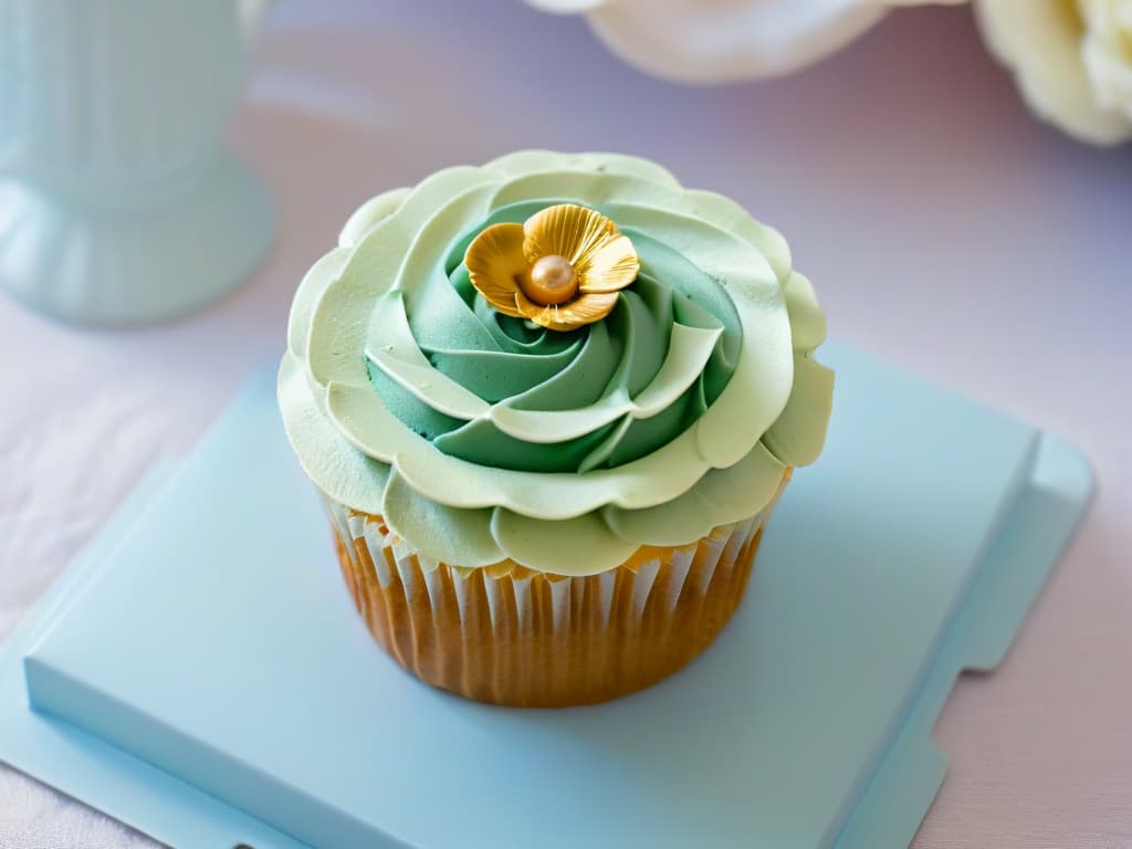  An intricate, closeup image of a delicate, perfectly piped rosette on a gourmet cupcake, showcasing the precision and artistry involved in professional pastry decoration. The rosette is adorned with shimmering gold edible flakes, set against a backdrop of soft pastel hues, exuding sophistication and elegance. hyperrealistic, full body, detailed clothing, highly detailed, cinematic lighting, stunningly beautiful, intricate, sharp focus, f/1. 8, 85mm, (centered image composition), (professionally color graded), ((bright soft diffused light)), volumetric fog, trending on instagram, trending on tumblr, HDR 4K, 8K