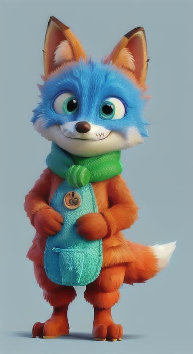  {Error the fox pressing the blue button with his paw, looking puzzled as nothing occurs., Error is a small, bright orange fox with a fluffy tail and big, inquisitive eyes. He has a mischievous yet kind expression and wears a tiny green scarf.