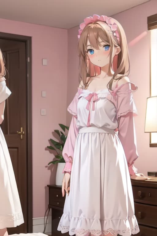  A old is standing in her bedroom wearing a white camisole and with pink lace trim. Her bedroom is decorated white, lilac, and pink with a y bed and wardrobe. She has brown hair and blue eyes. She is blushing and has an embarred expression.