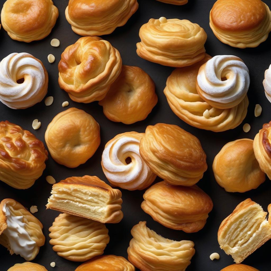  a bunch of cake puff pastry on a black background assortment hyperrealistic, full body, detailed clothing, highly detailed, cinematic lighting, stunningly beautiful, intricate, sharp focus, f/1. 8, 85mm, (centered image composition), (professionally color graded), ((bright soft diffused light)), volumetric fog, trending on instagram, trending on tumblr, HDR 4K, 8K