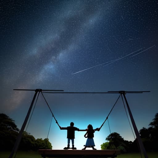  A man and a woman in the park, the sky is full of stars, occasionally there are meteors across, girls sitting on the swing, looking up at the stars, boys holding the swing, looking at the girls dotingly, asking for the overall color to be blue, pay attention to the details of the characters and the sky