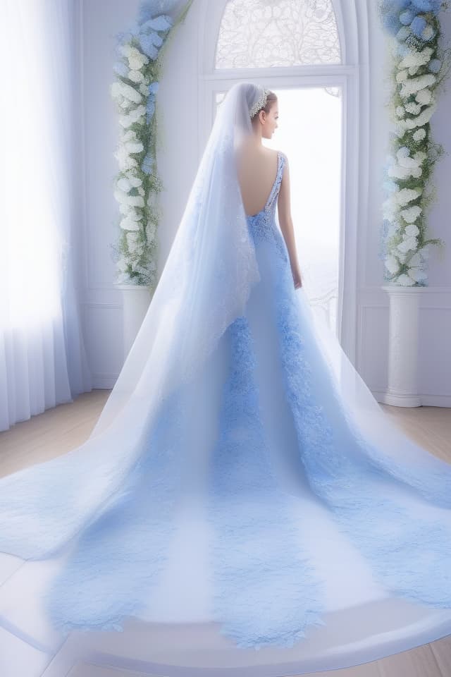  (Lilies in the background)(wedding dress),masterpiece,(back view)(profile)(beautiful silver hair)(blue eyes)(long blue embroidered dress on white fabric)(long transparent veil),high quality,8K