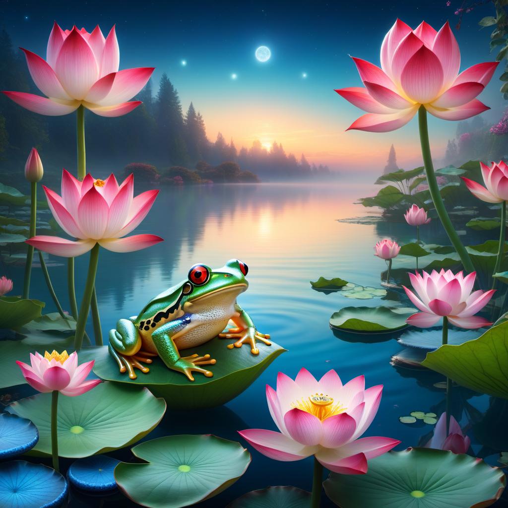  ethereal fantasy concept art of (Background): a lake with blooming lotuses of different shades: from white pink to bright crimson and leaves of tender green colour. The sky above the lake of dark blue colour with golden stars scattered on it. (Fantasy Princess Frog): in the centre of the lake on the biggest lotus flower sits a charming frog in a golden crown decorated with blue and blue precious stones. In his paws he holds a ring decorated with blue stones. Style: fantasy, Russian fairy tales, illustrations. . magnificent, celestial, ethereal, painterly, epic, majestic, magical, fantasy art, cover art, dreamy hyperrealistic, full body, detailed clothing, highly detailed, cinematic lighting, stunningly beautiful, intricate, sharp focus, f/1. 8, 85mm, (centered image composition), (professionally color graded), ((bright soft diffused light)), volumetric fog, trending on instagram, trending on tumblr, HDR 4K, 8K