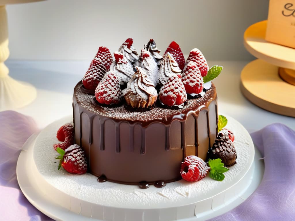  A closeup, photorealistic image of a decadent glutenfree chocolate cake with rich ganache dripping down the sides. The cake is elegantly decorated with fresh raspberries, mint leaves, and a dusting of powdered sugar, all placed on a pristine white cake stand. The glossy chocolate glaze reflects the ambient light, highlighting the intricate details of the cake's texture and the vibrant colors of the toppings. The background is softly blurred, emphasizing the luxurious and indulgent feel of this glutenfree dessert masterpiece. hyperrealistic, full body, detailed clothing, highly detailed, cinematic lighting, stunningly beautiful, intricate, sharp focus, f/1. 8, 85mm, (centered image composition), (professionally color graded), ((bright soft diffused light)), volumetric fog, trending on instagram, trending on tumblr, HDR 4K, 8K