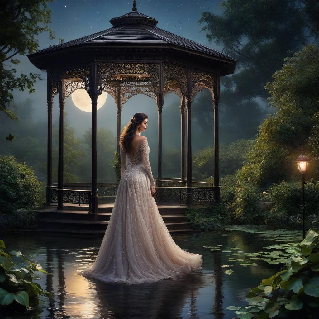  hyperrealistic art A beautiful woman in a gazebo by the pond, where a beautiful ivy twines and hangs, a night sky with stars, the moon illuminates the path on the pond, a romantic night alone, a clear, realistic scene, Hyperrealism, a diamond aquarel, bright colors, smoky makeup, excellent detailing, very detailed, realistic, dark botanical. Photoportrait, octane number, high level. . extremely high resolution details, photographic, realism pushed to extreme, fine texture, incredibly lifelike hyperrealistic, full body, detailed clothing, highly detailed, cinematic lighting, stunningly beautiful, intricate, sharp focus, f/1. 8, 85mm, (centered image composition), (professionally color graded), ((bright soft diffused light)), volumetric fog, trending on instagram, trending on tumblr, HDR 4K, 8K