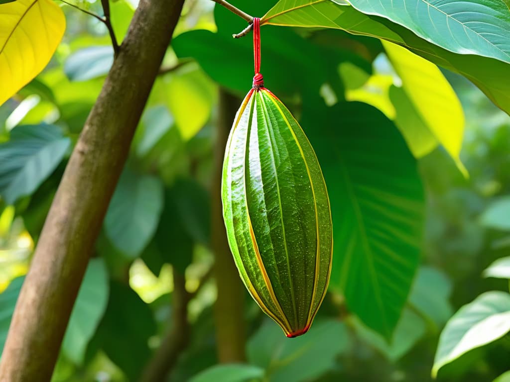  A closeup, ultradetailed image of a perfectly ripe cacao pod hanging from a tree, showcasing its vibrant colors and intricate textures. The sunlight filters through the lush green leaves in the background, emphasizing the natural beauty and sustainability of cacao cultivation. hyperrealistic, full body, detailed clothing, highly detailed, cinematic lighting, stunningly beautiful, intricate, sharp focus, f/1. 8, 85mm, (centered image composition), (professionally color graded), ((bright soft diffused light)), volumetric fog, trending on instagram, trending on tumblr, HDR 4K, 8K