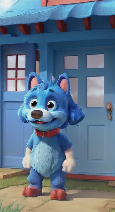  {Max the big blue dog standing in front of a cozy little house with a red door, The big blue dog is large with sky blue fur, big round eyes, a black nose, and floppy ears.