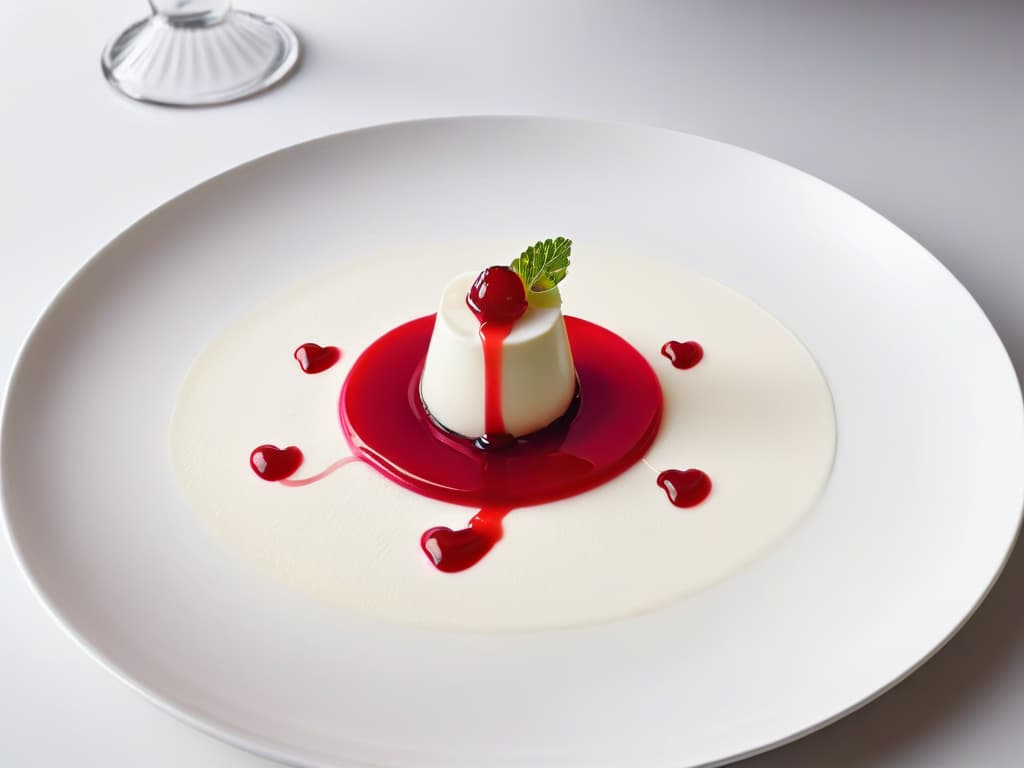  A closeup, ultradetailed photograph of a perfectly set panna cotta dessert with a glossy raspberry coulis drizzle on top, showcasing the smooth texture achieved through the use of hydrocolloids. The white dessert contrasts beautifully with the vibrant red sauce, creating a visually striking and minimalist composition that exemplifies the unexpected textures achievable in pastry through innovative ingredients. hyperrealistic, full body, detailed clothing, highly detailed, cinematic lighting, stunningly beautiful, intricate, sharp focus, f/1. 8, 85mm, (centered image composition), (professionally color graded), ((bright soft diffused light)), volumetric fog, trending on instagram, trending on tumblr, HDR 4K, 8K