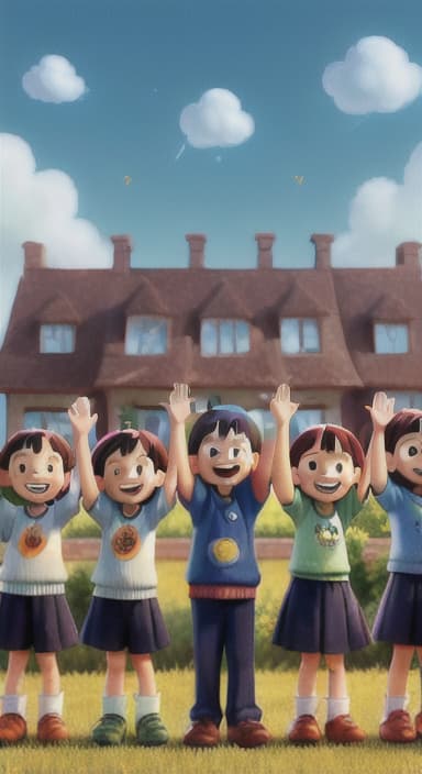  {A heartwarming scene of all the children waving goodbye with happy expressions., Children waving with wide smiles, looking grateful and content.