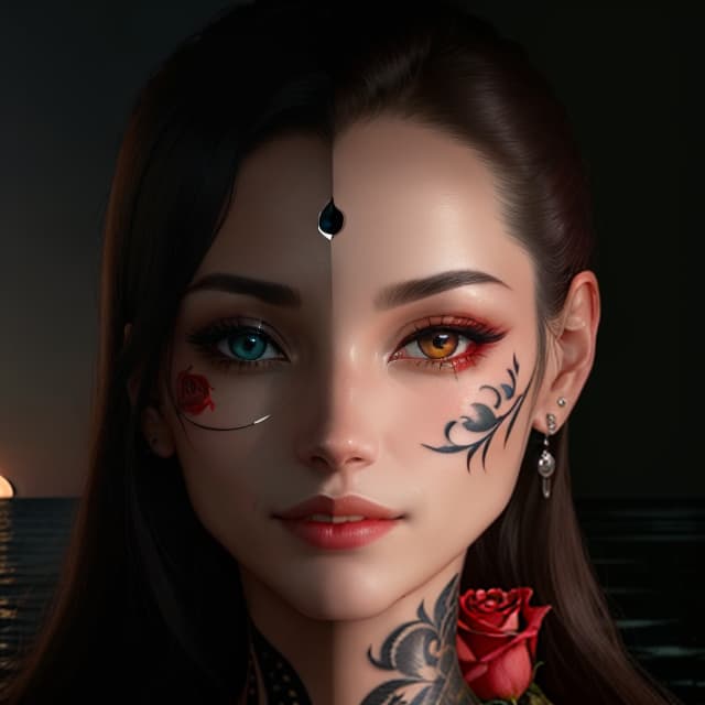  starting from this face, keep the right side mirrored and the left side transform it into a half-human with visible bones tattooed with red roses. under the reflection of the water with the moon inside. and a ray of sunshine that crosses the gaze of the face.