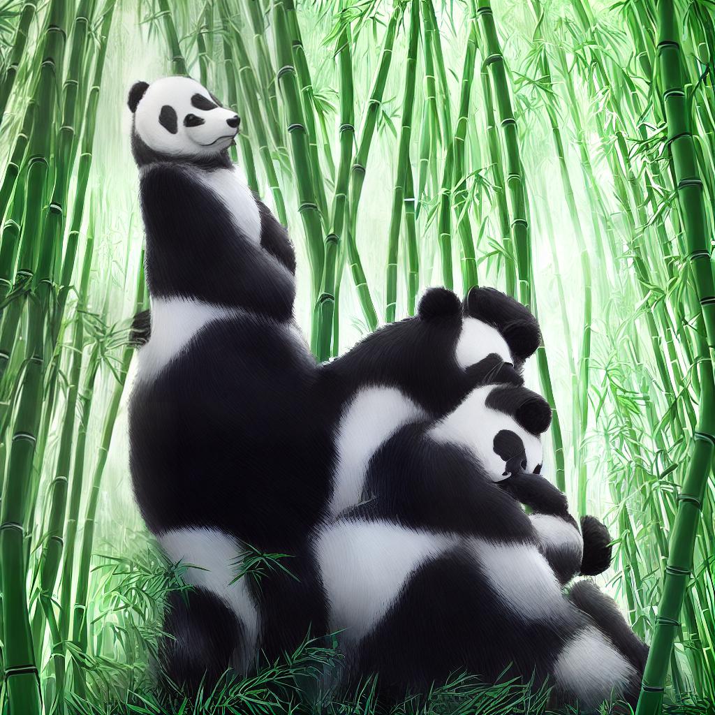  A masterpiece with the best quality, 8k resolution, and high detailed, ultra-detailed visual representation of a panda eating bamboo. The panda, with its distinctive black and white fur, is depicted in a realistic style reminiscent of wildlife photography. The scene showcases the panda in a lush bamboo forest, surrounded by tall bamboo shoots and vibrant green leaves. The lighting captures the warm golden hues of sunlight filtering through the dense foliage, casting beautiful shadows on the panda's fur. The panda's focused expression and paws grasping the bamboo stalks add to the scene's realism. This stunning artwork can be created by the talented artist John Smith and can be found on his website www.johnsmithart.com. hyperrealistic, full body, detailed clothing, highly detailed, cinematic lighting, stunningly beautiful, intricate, sharp focus, f/1. 8, 85mm, (centered image composition), (professionally color graded), ((bright soft diffused light)), volumetric fog, trending on instagram, trending on tumblr, HDR 4K, 8K
