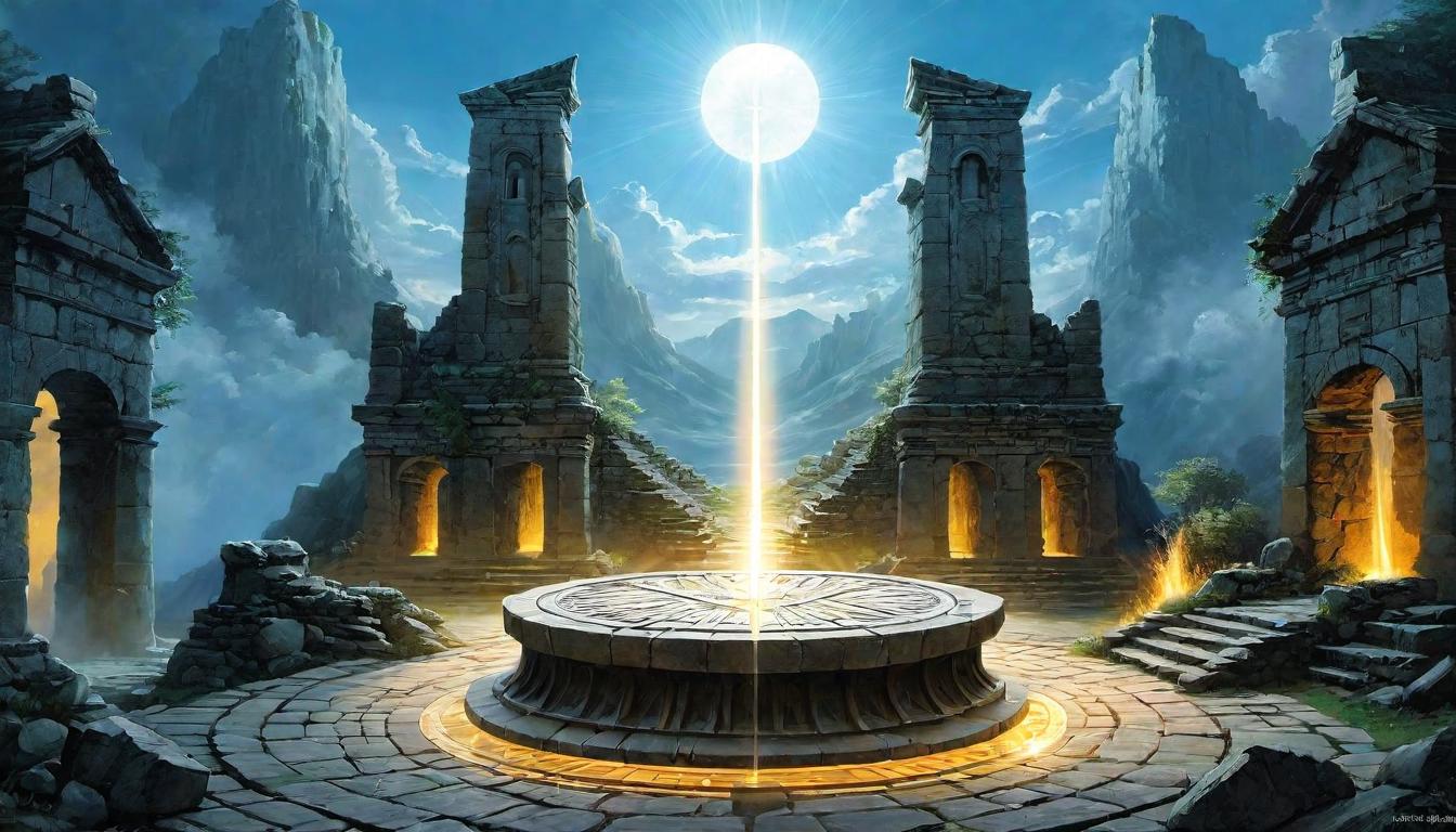  （surrealism)Gentle streams of light descending onto an ancient sundial among ruins, time freezes, symbols glowing, revelation and timing, aura of destiny mystic, intricate details, best quality)