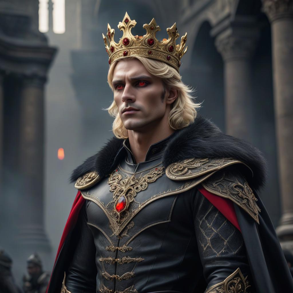  The king of darkness, young, fair skin, blonde, red eyes, a crown on his head. hyperrealistic, full body, detailed clothing, highly detailed, cinematic lighting, stunningly beautiful, intricate, sharp focus, f/1. 8, 85mm, (centered image composition), (professionally color graded), ((bright soft diffused light)), volumetric fog, trending on instagram, trending on tumblr, HDR 4K, 8K