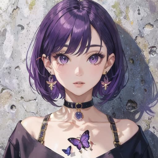  master piece , best quality,Bob, purple eyes, purple hair, plain clothes, butterfly earrings