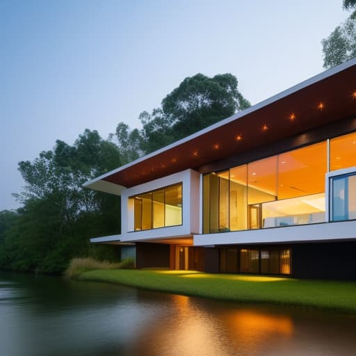 dvarchmodern modern house by the river in northern thailand hyperrealistic, full body, detailed clothing, highly detailed, cinematic lighting, stunningly beautiful, intricate, sharp focus, f/1. 8, 85mm, (centered image composition), (professionally color graded), ((bright soft diffused light)), volumetric fog, trending on instagram, trending on tumblr, HDR 4K, 8K