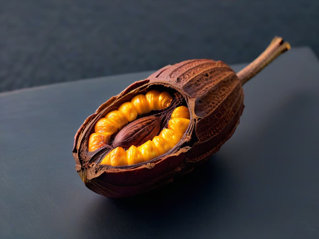  A closeup, ultradetailed image of a singleorigin organic cocoa pod, with rich, dark brown hues and intricate textures visible on the rough surface of the pod. The pod is partially split open, revealing the velvety cocoa beans nestled inside, glistening with natural oils. Sunlight gently illuminates the scene, casting soft shadows and enhancing the depth and complexity of the image. The focus is sharp, capturing every tiny detail of the cocoa pod, from the delicate ridges to the tiny stem remnants. hyperrealistic, full body, detailed clothing, highly detailed, cinematic lighting, stunningly beautiful, intricate, sharp focus, f/1. 8, 85mm, (centered image composition), (professionally color graded), ((bright soft diffused light)), volumetric fog, trending on instagram, trending on tumblr, HDR 4K, 8K