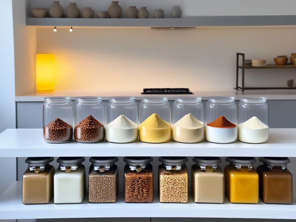  An 8k ultradetailed image of a minimalist kitchen counter with neatly arranged rows of vegan baking ingredients such as flaxseeds, soy milk, coconut oil, applesauce, and almond flour in sleek, modern containers. The soft natural lighting highlights the textures and colors of the ingredients, creating a visually appealing and calming composition that perfectly captures the essence of vegan baking. hyperrealistic, full body, detailed clothing, highly detailed, cinematic lighting, stunningly beautiful, intricate, sharp focus, f/1. 8, 85mm, (centered image composition), (professionally color graded), ((bright soft diffused light)), volumetric fog, trending on instagram, trending on tumblr, HDR 4K, 8K