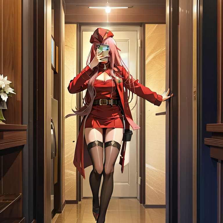  (ultra detailed), (masterpiece), (best quality), (sharp focus), (cinematic lighting), 1 girl, zero two, (long straight pink hair:1.1), fangs, crazy smile, (green eyes:1.2), intense expression, (all red military jacket with officer cap:1.3), (long red thin straight horns:1.2), thigh highs, close up, 4k, 8k, wlop